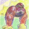 "BALL APE." THIS MONSTER DOES NOT LIKE HUMANS BECAUSE HE FEELS THEY ARE A THREAT TO HIS ENIVORMENT. IF THEY ARE IN HIS TERRITORY, HE WILL CRUSH THEM AGAINST THE WALL AND FORCE THEM TO LEAVE.  8 X 10. MIXED MEDIA. MATTHEW MCR ELLISON II 2006 COPYRIGHT.