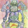 "THE RUBBER APE." IT IS BELIEVED THAT THESE CREATURES WERE ONCE MONKEYS/APES THAT WERE SOLD HERE AS RARE PETS (ILLEGALLY) AND ESCAPED. THEY USE THE "RUBBERY" ARMS TO TRAVEL THROUGHOUT THE CITY. (I8 X 10. MIXED MEDIA. MATTHEW MCR ELLISON II 2006 COPYRIGHT.